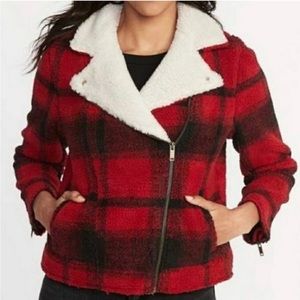 Old Navy Buffalo Plaid Sherpa Moto Jacket (Medium)